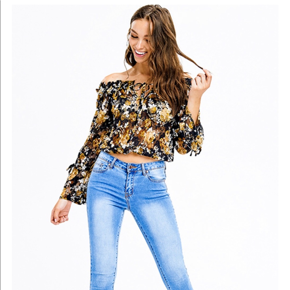Yellow black floral sheer mesh blouse